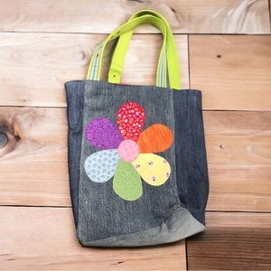 Upcycled Boho Denim Rainbow Flower Tote Reusable Shopping Bag Handbag Shoulder
